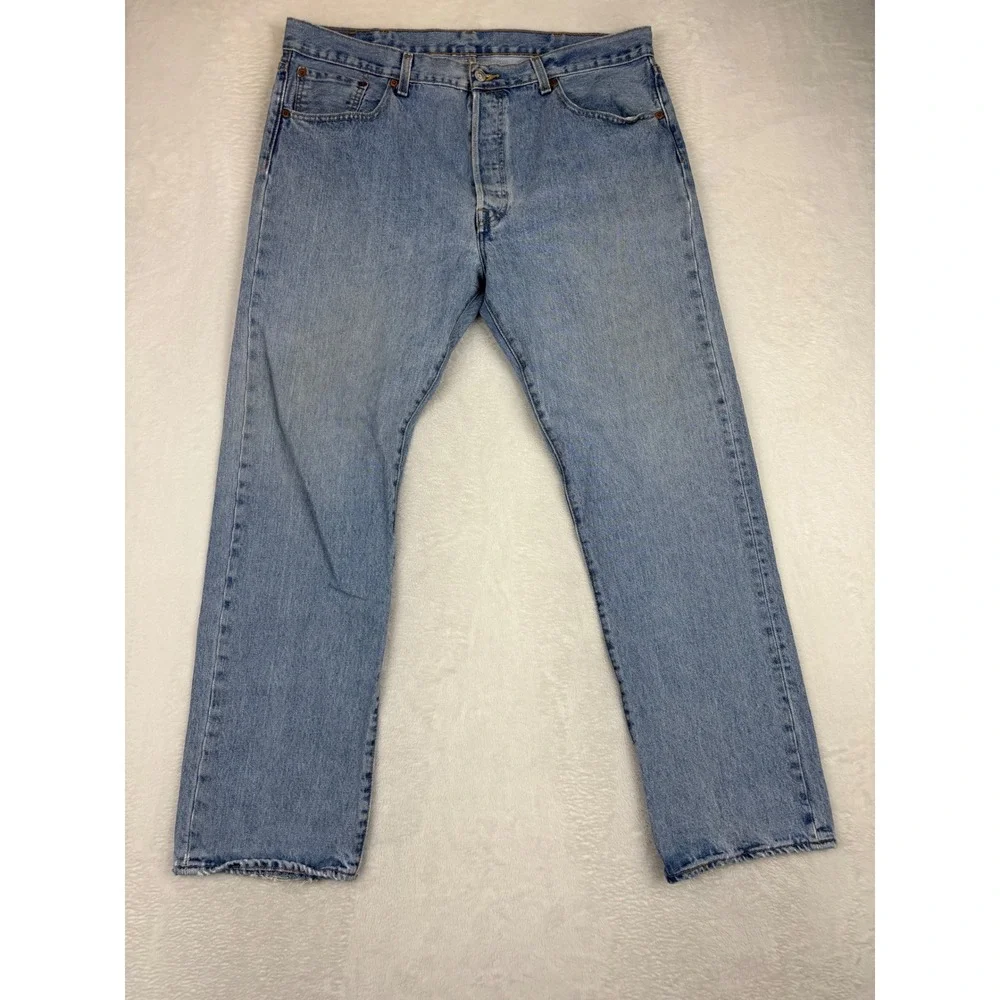 Levis 501 Original Fit Mens 38x32 Jeans Grungy Light Blue Washed Denim